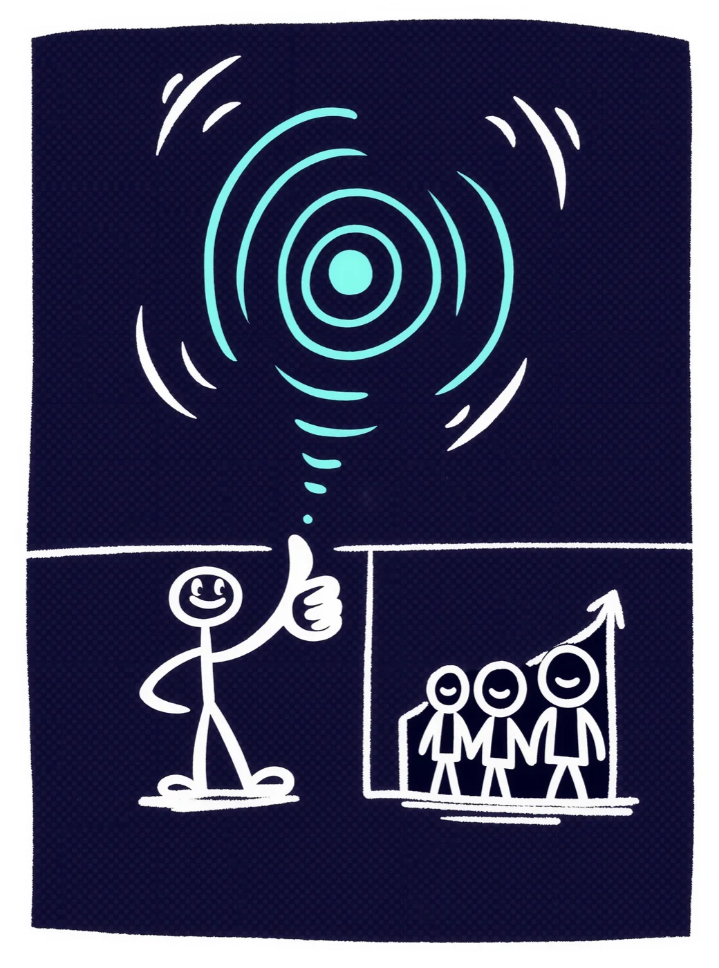 Palito happy next to a precise targeting icon and a small group of happy customers
