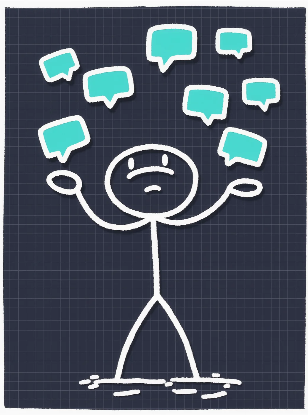 Palito juggling several chat bubbles at once, overwhelmed