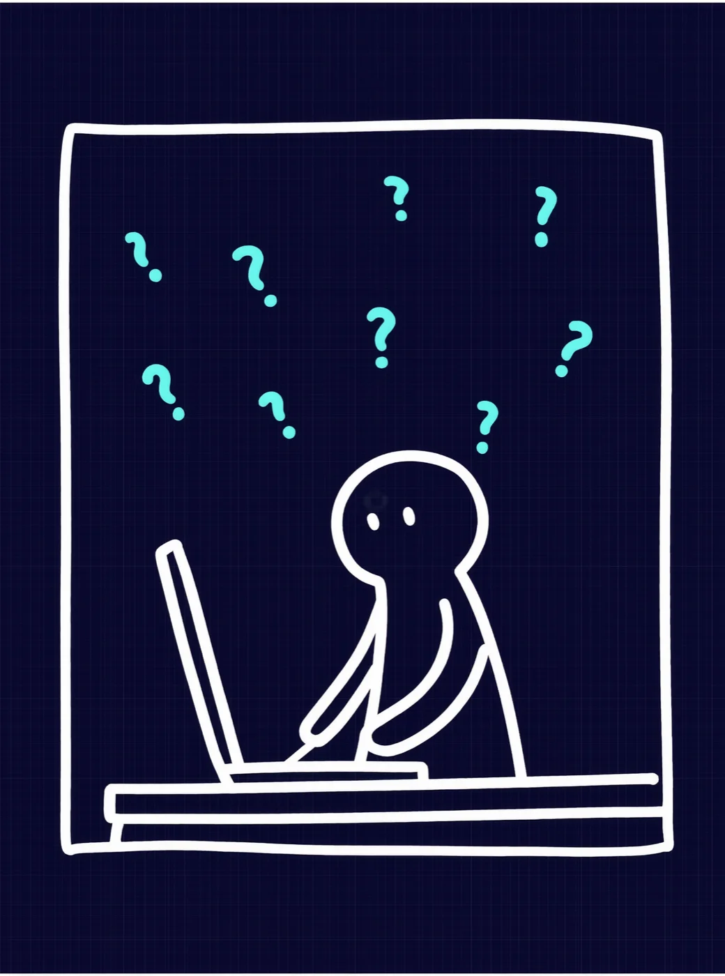 Palito confused at his laptop, question marks floating around him
