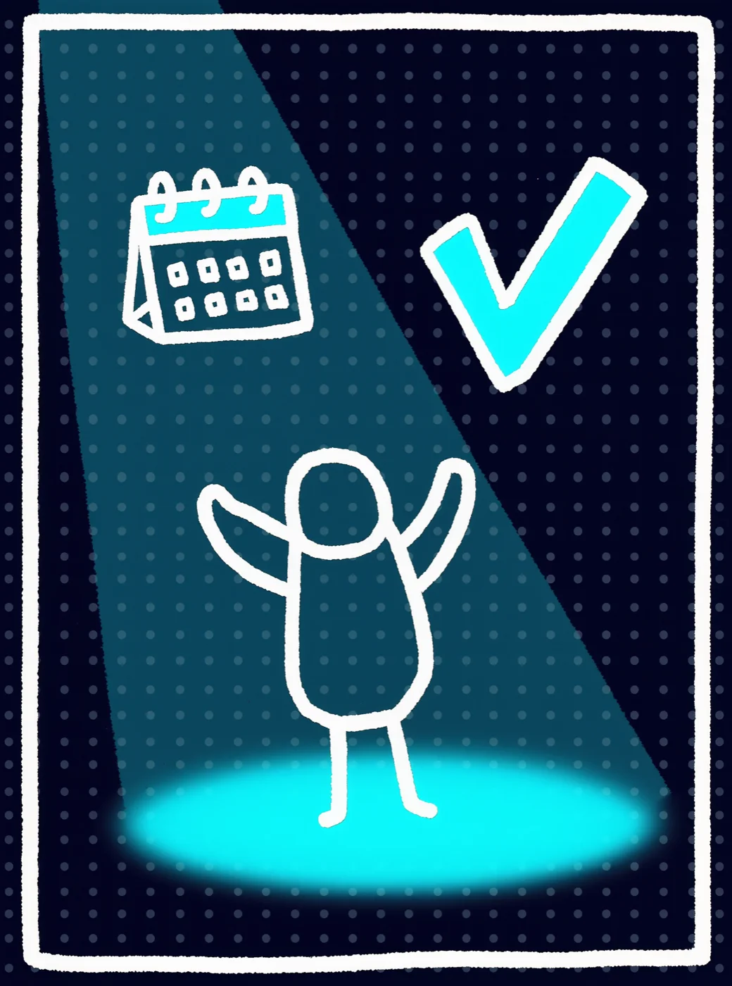 Palito found, standing in a spotlight next to a checkmark and a full calendar